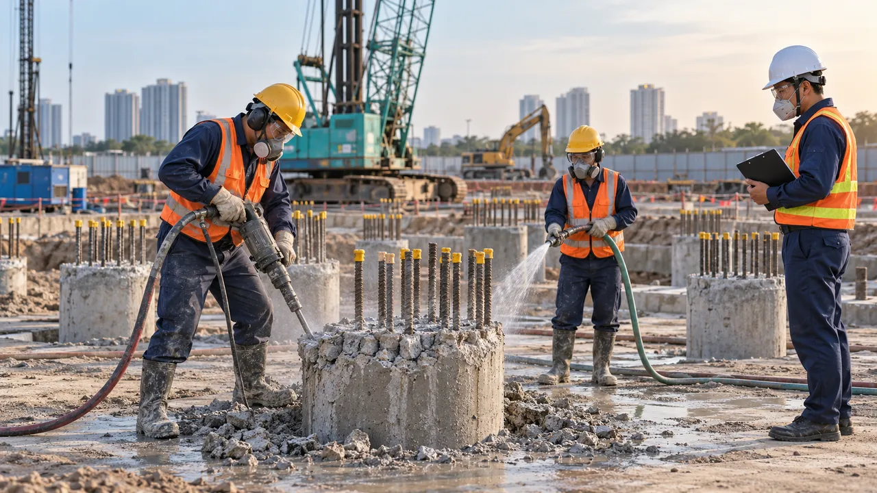 Ảnh minh họa đội thợ thi công xử lý đầu cọc bê tông